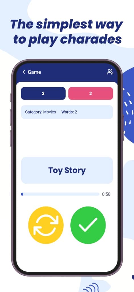 Showem gameplay screen with a charades prompt, timer, and score colors