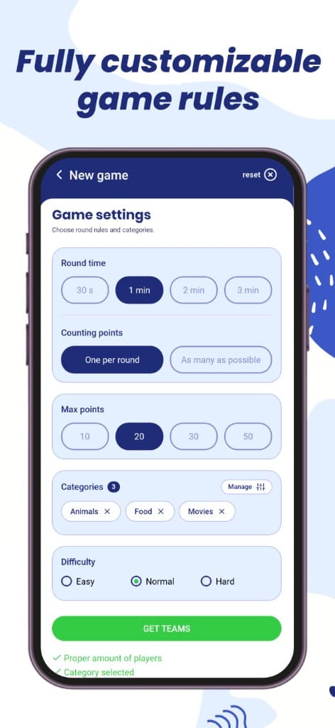 Showem new game settings for time, points, categories, and difficulty